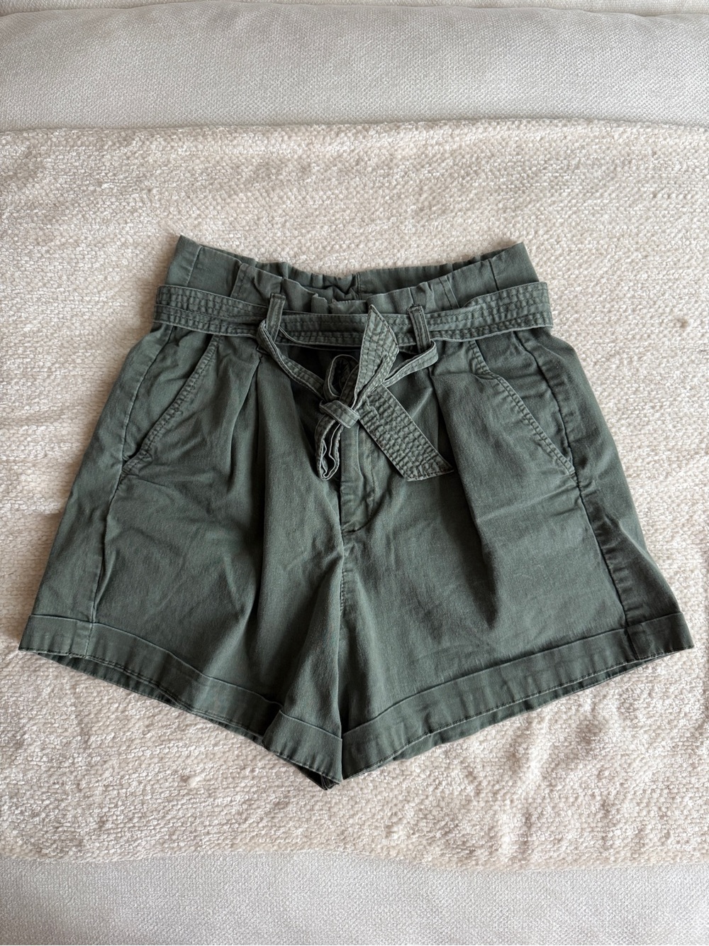 High waisted paper bag khaki army green shorts